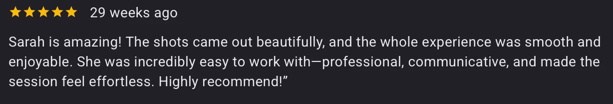 5-star review about her portrait expererience at the studio of Stills by Sarah in Vernon Hills