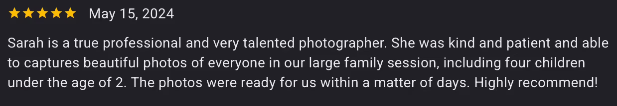 5 Star review from this client about their portrait session at Stills by Sarah in Libertyville, IL
