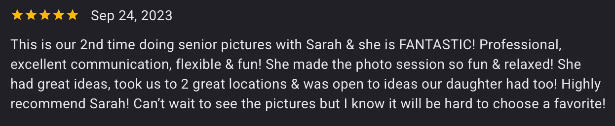 5-star review about their senior portrait expererience at the studio of Stills by Sarah in Libertyville, IL